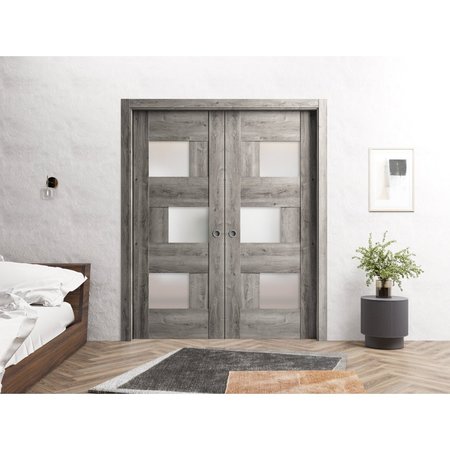 Sartodoors Sliding French Dbl Pocket Doors 72 x 96in, Nebraska Grey W/ Frosted Glass, Kit Trims Rail Hardware SETE6933DP-NEB-7296